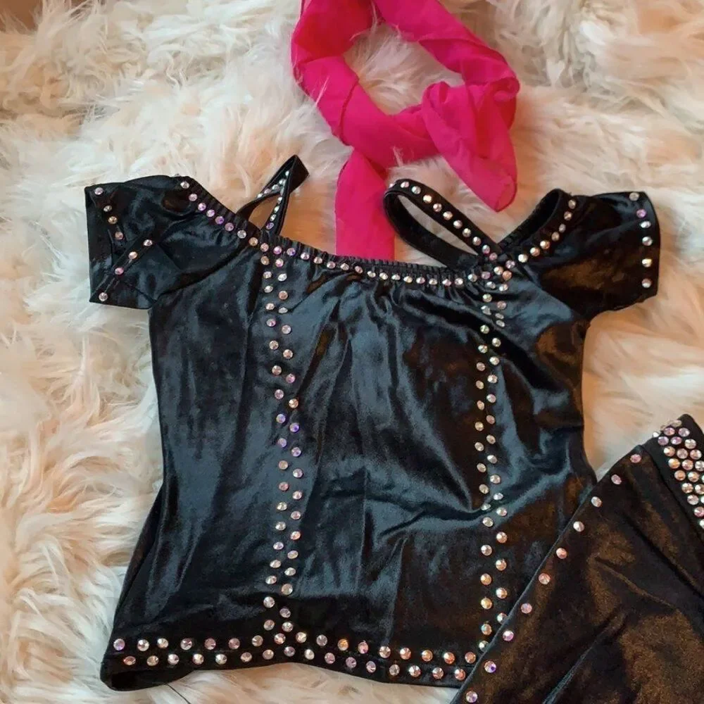 Sandy from Grease dance outfit with swarovski crystals and pink neck tie